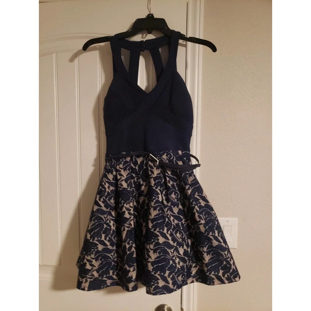 Like New Navy Blue above knee cocktail dress size 3 by Crystal Doll - Picture 1 of 6